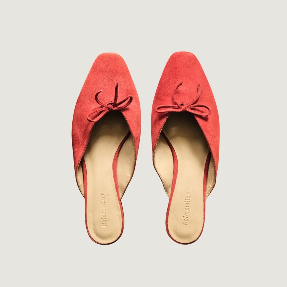 Reformation Mules Pointed Toe Red Suede Bow Flat Slide Sandal 8 Sustainable Chic